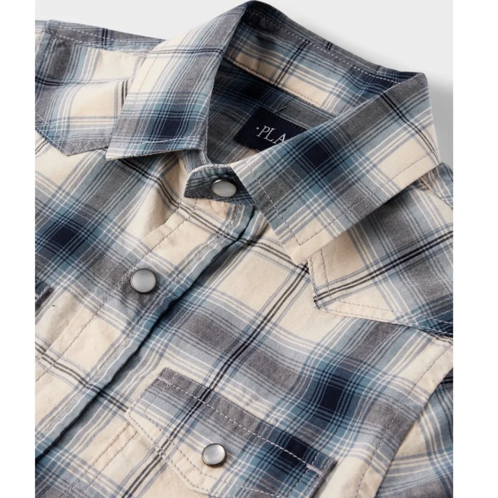 The Children’s Place Boys 4T Blue Cream Plaid Snap Button Shirt